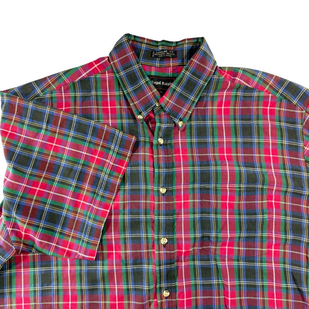 VTG Royal Knight Plaid Multi Color Button Down Mens XL Short Sleeve Preppy Retro